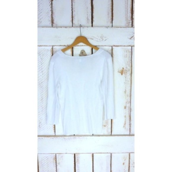 90s white fitted stretch ribbed pullover 3 quarter length sleeve top - Picture 4 of 5